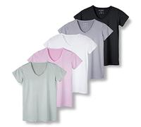5 Pack: Womens V Neck T-Shirt Ladies Yoga Top Athletic Tees Active Wear Gym Workout Zumba Exercise Running Essentials Quick Dry Fit Dri Fit Moisture Wicking Basic Clothes - Set 9,S