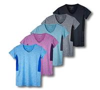 5 Pack: Womens V Neck T-Shirt Ladies Yoga Top Athletic Tees Active Wear Gym Workout Zumba Exercise Running Essentials Quick Dry Fit Dri Fit Moisture Wicking Basic Clothes - Set 4,S