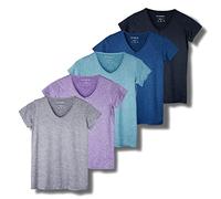 5 Pack: Womens V Neck T-Shirt Ladies Yoga Top Athletic Tees Active Wear Gym Workout Zumba Exercise Running Essentials Quick Dry Fit Dri Fit Moisture Wicking Basic Clothes - Set 1,S