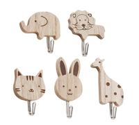 5 Packs Wooden Coat Hooks, Animal Wall Hooks Kids Coat Hooks for Nursery, Bedroom Living Baby Room Decor, Animal Theme Decorations Cats Rabbits Lions Giraffes Elephant