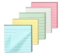 5 Pads Lined Sticky Notes 3 x 3 Inch (75 x 75 mm) Removable Self Sticky Notes Pads Bright Colour Memo Pads for Office School Home, Blue Yellow Green White Pink, 80 Sheets Per Pad