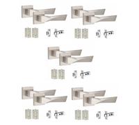 5 Pair Modern Aura Design Satin Nickel Internal Door Handles Square Rose 3" Ball Bearing Hinges And Tubular Latch - Golden Grace