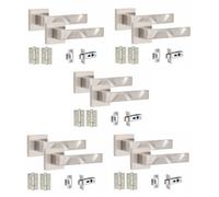 5 Pair Modern Nova Design Satin Nickel Internal Door Handles Square Rose 3" Ball Bearing Hinges And Tubular Latch - Golden Grace