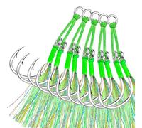5 Pairs Double Jigging Assist Hooks - Saltwater Jigging Hooks with PE Braided Line, Carbon Steel Fishing Set with Flash Streamers, Offshore Slow Pitch Jig Rig 1/0-5/0 (5#)