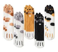 5 Pairs Fluffy Cat Socks Paw Pattern Cute and Fun Design Cosy Sock Furry Warm and Non Slip Cat Socks for Girls and Women 4-7 Fluffy Socks Soft & Comfortable