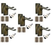 5 Pairs Georgian Latch Internal Door Handle Antique Brass 107 X 48mm With 2.5" Latches & Hinges - Golden Grace
