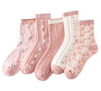 5 Pairs Kawaii Socks, Cute Flower 3D Textured Cotton Socks, Women Mid Tube Lace Ruffles Ankle Sock, Soft Breathable Crew Sock for Girl,Pink
