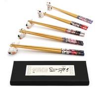 5 Pairs Natural Bamboo Chopsticks with Cat Holder, Dishwasher Safe - Gift Set