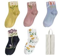 5 Pairs Of Flower Socks And 1 Piece Sock Storage Bag, Colorful Socks, Funny Socks, Flower Pattern Socks, Ladies Socks, Gifts For Girls.