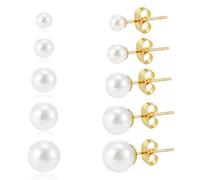5 Pairs Pearl Earrings Set Gold Filled Polished Pearl Stud Earrings for Women 4mm,5mm,6mm,7mm,8mm 5 Sizes Jewelry for Wedding Birthday Party Prom, one size, Plastic, plastic