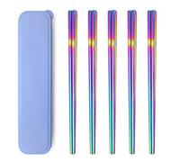 5 Pairs Rainbow 304 Stainless Steel Chopsticks - Polished Multicolor Reusable, Dishwasher-Safe, Non-Slip Metal Square Set With Case - Kitchen Dinner Present Gift