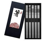 5 Pairs Reusable Chopsticks, Stainless Steel Chop Sticks Silver Dishwasher Safe Metal Delicate Japanese Chinese Korean Chopsticks w/ Pattern Kitchen & Dining