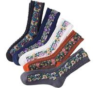 5 Pairs Saturation Floral Socks, Vintage Embroidered Floral Socks, Womens Vintage Embroidered Floral Patterned Cotton Pop Crew Socks, Winter Warm Vintage Cotton Socks Multicoloured for Home School