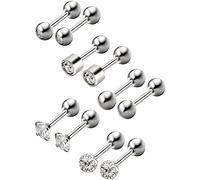 5 Pairs Stainless Steel Stud Earrings Round Ball Studs Cubic Zirconia Barbell Earring Set Helix Piercing for Tragus Cartilage Ear (Steel Color 1, 5 Pairs)