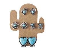 5 Pairs Western Turquoise Stud Earring Set for Women Boho Cowgirl Cowboy Boot Hat Cactus Lightning Heart Ear Stud Country Concert Party Jewelry, Turquoise, No Gemstone