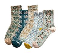 5 Pairs Womens Floral Cotton Socks Vintage Patterned Crew Socks Novelty Ankle Ruffled Warm Casual Dress Socks, 5 Pairs - Blue, One Size