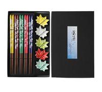 5 Pairs Wooden Chopsticks with Chopsticks Shelves, Petal Sushi Chopsticks, Chopsticks Gift Set, Reusable Natural Bamboo Chopsticks with 5 Ceramic Chopsticks Pads (Maple Leaf)