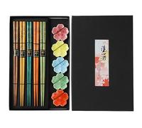 5 Pairs Wooden Chopsticks with Shelves - Sushi Set with Maple Leaf Design, Gift Box, Reusable Asian Cutlery & 5 Ceramic Pads