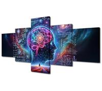 5 Panel Artificial Intelligence Wall Art Human Brain Surrounded by Data Canvas Painting Futuristic Technology Wall Posters for Bedroom Wall Decor AI Pictures for Living Room Wall Decoration 50"Wx24"H