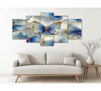5 Panel Canvas Wall Art for Living Room Ornate Butterfly Motif Framed Painting Prints Metallic Edge Features Large Pictures Sapphire Blue Wall Decoration for Home Bedroom