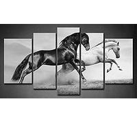 5 Panel Wall Art Black And White Horses Running On Grassland In Summer Painting The Picture Print On Canvas Animal Pictures For Home Decor Decoration Gift Piece Stretched By Wooden Frame Ready To Hang