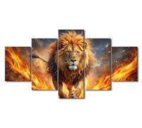 5 Panel Wall Art Home Decorations for Living Room A Majestic Lion step out Flames Canvas Wall Paintings Animal Pictures for Wall Decor Bedroom Kitchen Dining Room Office Wall Decor 60"Wx32"H
