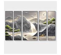 5 Panel Wall Art, Traditional Chinese Mountain Painting, Framed Large Imitation 3D Decor for Living Room and Home Office
