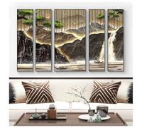 5 Panel Wall Art, Traditional Chinese Mountain Painting, Framed Large Imitation 3D Decor for Living Room and Home Office