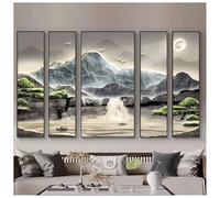 5 Panel Wall Art, Traditional Chinese Mountain Painting, Framed Large Imitation 3D Decor for Living Room and Home Office