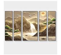 5 Panel Wall Art, Traditional Chinese Mountain Painting, Framed Large Imitation 3D Decor for Living Room and Home Office