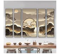 5 Panel Wall Art, Traditional Chinese Mountain Painting, Framed Large Imitation 3D Decor for Living Room and Home Office