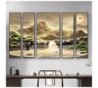 5 Panel Wall Art, Traditional Chinese Mountain Painting, Framed Large Imitation 3D Decor for Living Room and Home Office