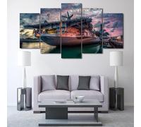 5 Panels Framed Canvas Docked USS Midway Beneath Fiery Skies Pictures Printing Painting Poster Wall Decor for Bedroom Living Room Bathroom Office