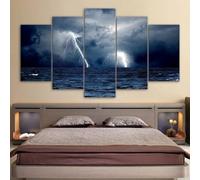 5 Panels Framed Canvas Lightning Storm At Sea Pictures Printing Painting Poster Wall Decor for Bedroom Living Room Bathroom Office