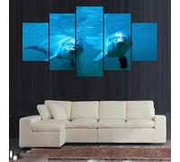 5 Panels Framed Canvas Playful Dolphins Beneath the Surface Pictures Printing Painting Poster Wall Decor for Bedroom Living Room Bathroom Office