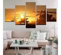 5 Panels Framed Canvas UH-60 Black Hawks Lined Up on Airfield at Sunrise Pictures Printing Painting Poster Wall Decor for Bedroom Living Room Bathroom Office