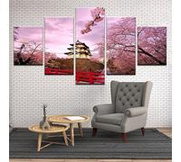 5 Panels Modern Artwork HD Cherry Blossoms and Japanese Castle at Sunset Pictures to Photo Paintings on Canvas Wall Art for Home Decorations