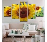 5 Panels Modern Artwork HD Golden Sunflower Close-Up Under Morning Light Pictures to Photo Paintings on Canvas Wall Art for Home Decorations