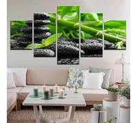 5 Panels Modern Artwork HD Stacked Zen Stones with Fresh Green Bamboo Pictures to Photo Paintings on Canvas Wall Art for Home Decorations
