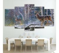 5 Panels Modern Artwork HD Winter Whitetail Deer Among Birch Trees Pictures to Photo Paintings on Canvas Wall Art for Home Decorations
