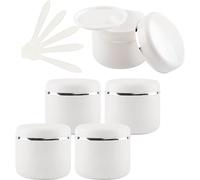 5 PC 150ml White Empty Plastic Cosmetic Jars with Screw Lid with Silver Ribbon 150g Small Storage Pot Containers for Homemade Salve, 5X Spatula(30ml)