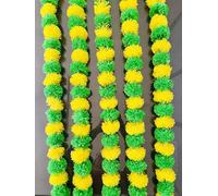 5 PC - 5 feet Marigold Garland |Indian/American Wedding Party Mantle Decoration, Faux Garlands Wedding Garland, Diwali Decoration, Spring Bush Floral haldi Mehndi Function (Green and Yellow)