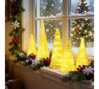 5 Pc Illuminated Plastic Christmas Trees Set,Mercury Glass Christmas Tree LED Collection Decor,Lighted up Figurine Xmas Home Party Centerpiece,Living Room Mantel Table Fairy Light Decoration (Gold)