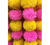 5 Pc Marigold Garland 4.5 Ft Long Strands of Artificial Marigold Flowers, Diwali Decorations Home, Indian Décor for Pooja, Wedding, Spring Bush Floral, Faux Garland, Día de Muertos Décor (Pink+Yellow)