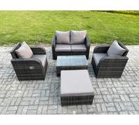 Fimous 5 PC Outdoor PE Rattan Garden Furniture Set Wicker Love Sofa Coffee Table 2 Armchair Big Footstool Dark Grey Mixed