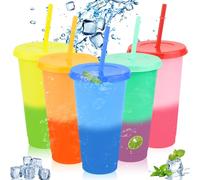 5 Pcs 24oz Iced Water Colour Changing Cups with Lids & Straws, Cold Drinking Tumblers Set, Reusable & BPA Free Plastic Cup, Coffee Smoothie Slushy Travel Mug, Drinkware Party Cups for Kid Adults