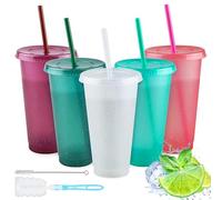 5 Pcs 24oz Iced Water Cups with Lids & Straws, Cold Drinking Tumblers, Plastic Tumbler Set, Reusable & BPA Free Plastic Cup, Coffee Smoothie Slushy Drinking Cup, Party Cups for Kid Adults (Glitter)