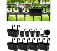 5 Pcs 27 CM Metal Railing Planter for Outdoor Plants - 5 Pcs 9.9 CM Balcony Hanging Flower Pots with Detachable Hooks, Drainage Holes, Oval Bucket Rail Box Fence Planters for Home Garden Décor, Black