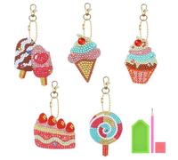 5 Pcs 5D Diamond Painting Keychain Kit, Diamond Art Keyring Gift, Birthday Presents for Children, Kids Craft Kits, Mosaic Diamond Craft Pendant for 6-10 Year Old Girls, Unique Keychains (Desserts)