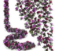 5 Pcs 8FT Flower Garland Artificial Hanging Flowers Fake Rose Vines Ivy Silk Faux Flowers for Decoration/Anniversary/Wedding Birthday/Christmas/Home Decor/Garden Decor (Purple)
